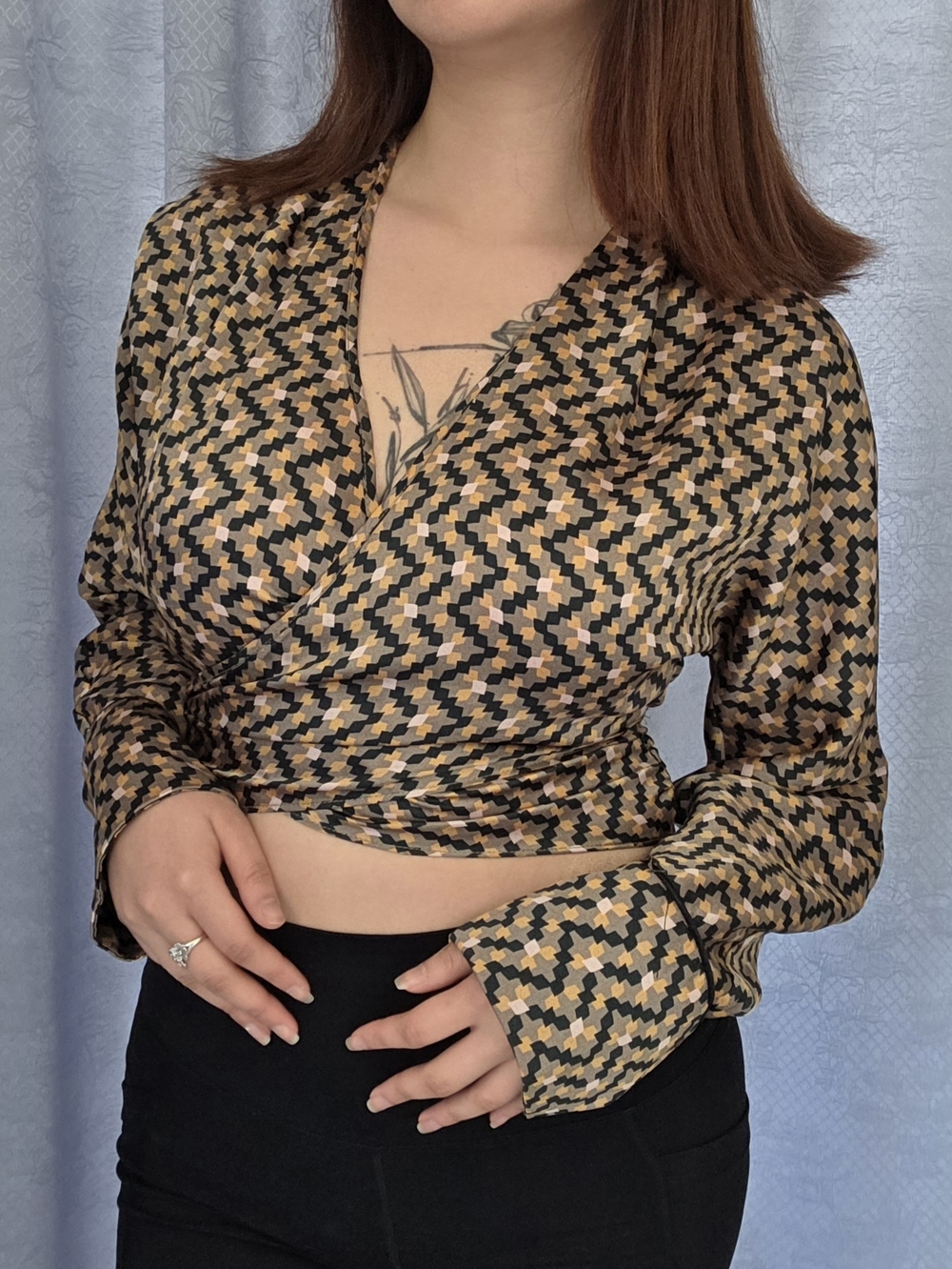 Zara Geometric Wrap Crop Blouse in Black and Tan